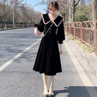 Lantern-sleeve Collar Velvet Midi A-line Dress