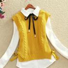 Ribbed Knit Vest / Set: Knit Vest + Long-sleeve Blouse