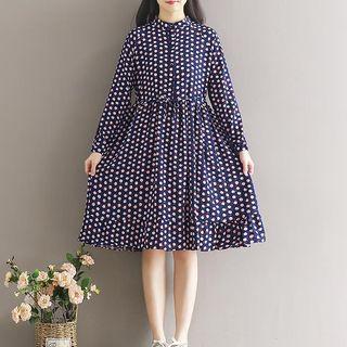 Long-sleeve Ruffle-hem Patterned Shirtdress