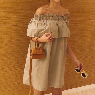 Elbow-sleeve Off Shoulder Mini Dress Light Gray - One Size