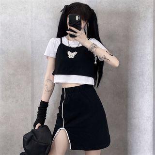 Set: Mock Two-piece Short-sleeve Butterfly Print T-shirt + A-line Skirt