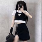Set: Mock Two-piece Short-sleeve Butterfly Print T-shirt + A-line Skirt