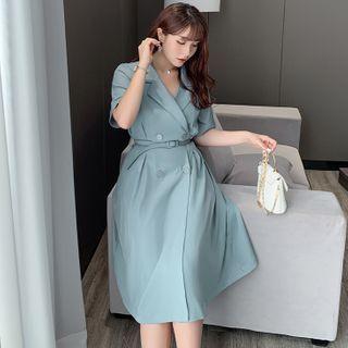 Double-breasted Short-sleeve Slit Midi A-line Blazer Dress