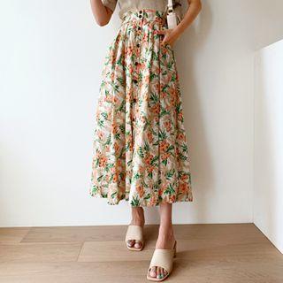 Buttoned Long Tropical-floral Skirt