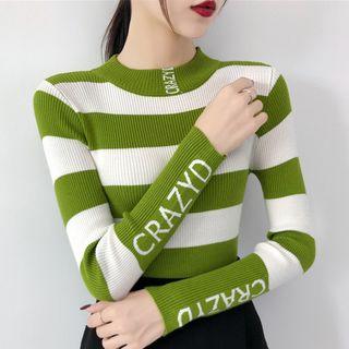 Mock-neck Striped Lettering Pattern Knit Top