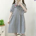 Heart Embroidered Plaid Collared Short Sleeve Dress