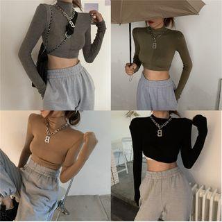Plain Turtle-neck Long-sleeve Crop Top