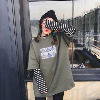 Long Sleeve Printed Striped Panel T-shirt