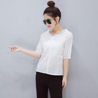 Elbow-sleeve Eyelet Blouse