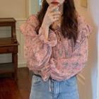 Floral Lace-up Long-sleeve Chiffon Blouse Pink - One Size