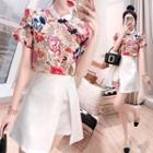 Set: Short-sleeve Floral Chiffon Blouse + A-line Mini Skort