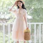 Set: Long-sleeve A-line Lace Dress + Embroidered Chiffon Capelet