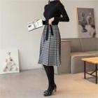 Mock-neck Houndstooth Knit Dress Black - One Size