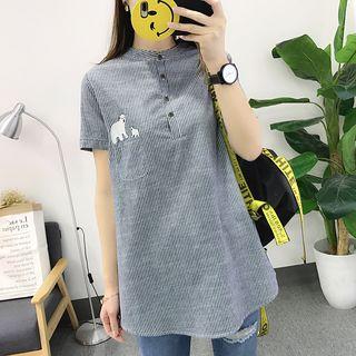 Polar Bear Embroidered Pinstriped Short Sleeve Top