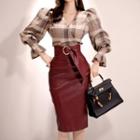 Set: Bell-sleeve Plaid Top + Faux Leather Sheath Skirt