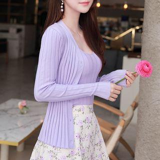 Set: Slim-fit Rib-knit Cardigan + Sleeveless Top