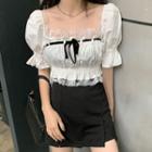 Balloon-sleeve Lace Trim Shirred Blouse / A-line Skirt
