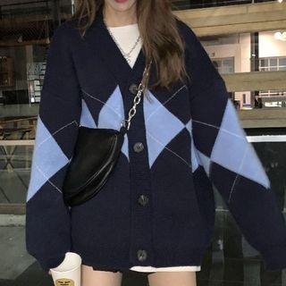 Knitted Argyle Loose-fit Cardigan Argyle  - One Size