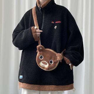 Set: Turtleneck Half-zip Fleece Sweatshirt + Bear Crossbody Bag