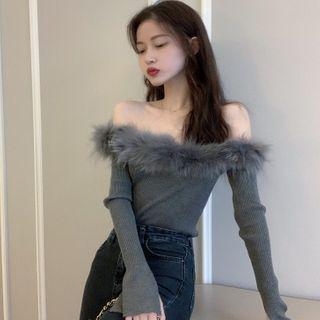 Off-shoulder Fluffy Knit Top