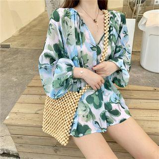 Long-sleeve Leaf-print Chiffon Top As Shown In Figure - One Size