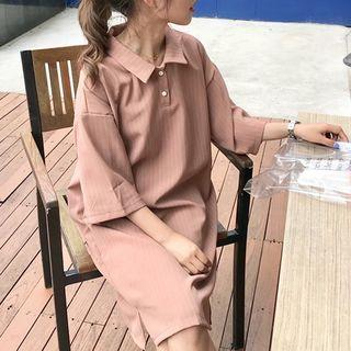 Pinstriped Elbow-sleeve Polo Dress