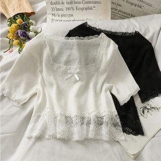 Slim-fit Lace-panel Crop Knit Top