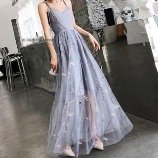 Spaghetti-strap Mesh Maxi A-line Dress
