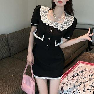 Short-sleeve Lace Panel Top / Skirt