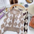 Long-sleeve Argyle Two-tone Knit Top