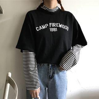 Lettering Mock Two-piece Long-sleeve Top