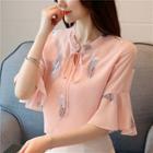 Short-sleeve Feather Embroidered Chiffon Blouse