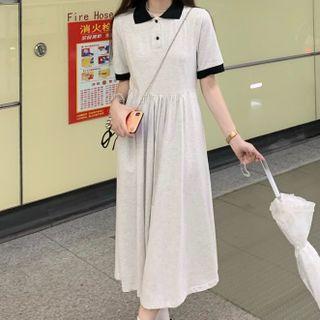 Polo-sleeve Two-tone Dress Gray - One Size
