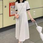 Polo-sleeve Two-tone Dress Gray - One Size