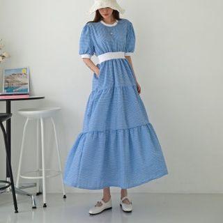 Contrast-trim Gingham Maxi Tiered Dress
