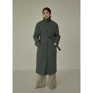 Convertible-neck Padded Coat With Sash