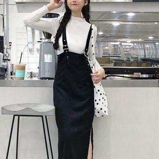 Plain Long-sleeve T-shirt / Slit-side Midi Suspender Skirt