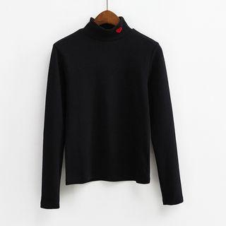 Mock Turtleneck Heart Embroidered Long-sleeve Top