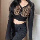 V-neck Long Sleeve Leopard Print Paneled Button-through Cardigan