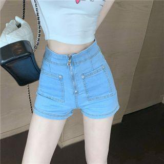 High-waist Washed Denim Zip Shorts