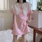 Elbow-sleeve Wide Collar Lace Trim Mini T-shirt Dress Light Pink - One Size