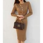 Diagonal-button Knit Sheath Dress