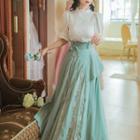 Set: Short-sleeve Lace Top + Tie-waist Lace Panel Midi A-line Skirt