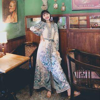 V-neck Tie-waist Maxi A-line Dress
