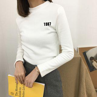 Long-sleeve Mock Neck Number Print T-shirt