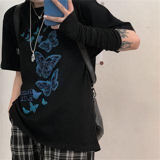 Butterfly Print Short-sleeve Oversize Tee Black - One Size