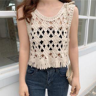 Set: Sleeveless Fringed Knit Top + Tube Top