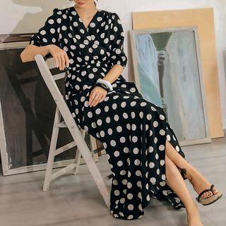 Elbow-sleeve V-neck Polka Dot Maxi Dress