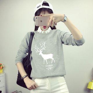 Mock Two Piece Deer Print Collared Pullover