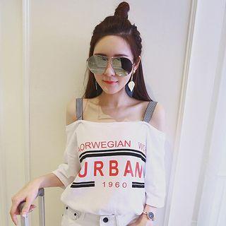 Lettering Off Shoulder Elbow Sleeve T-shirt Dress